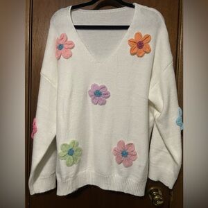 Floral Embellished White Sweater